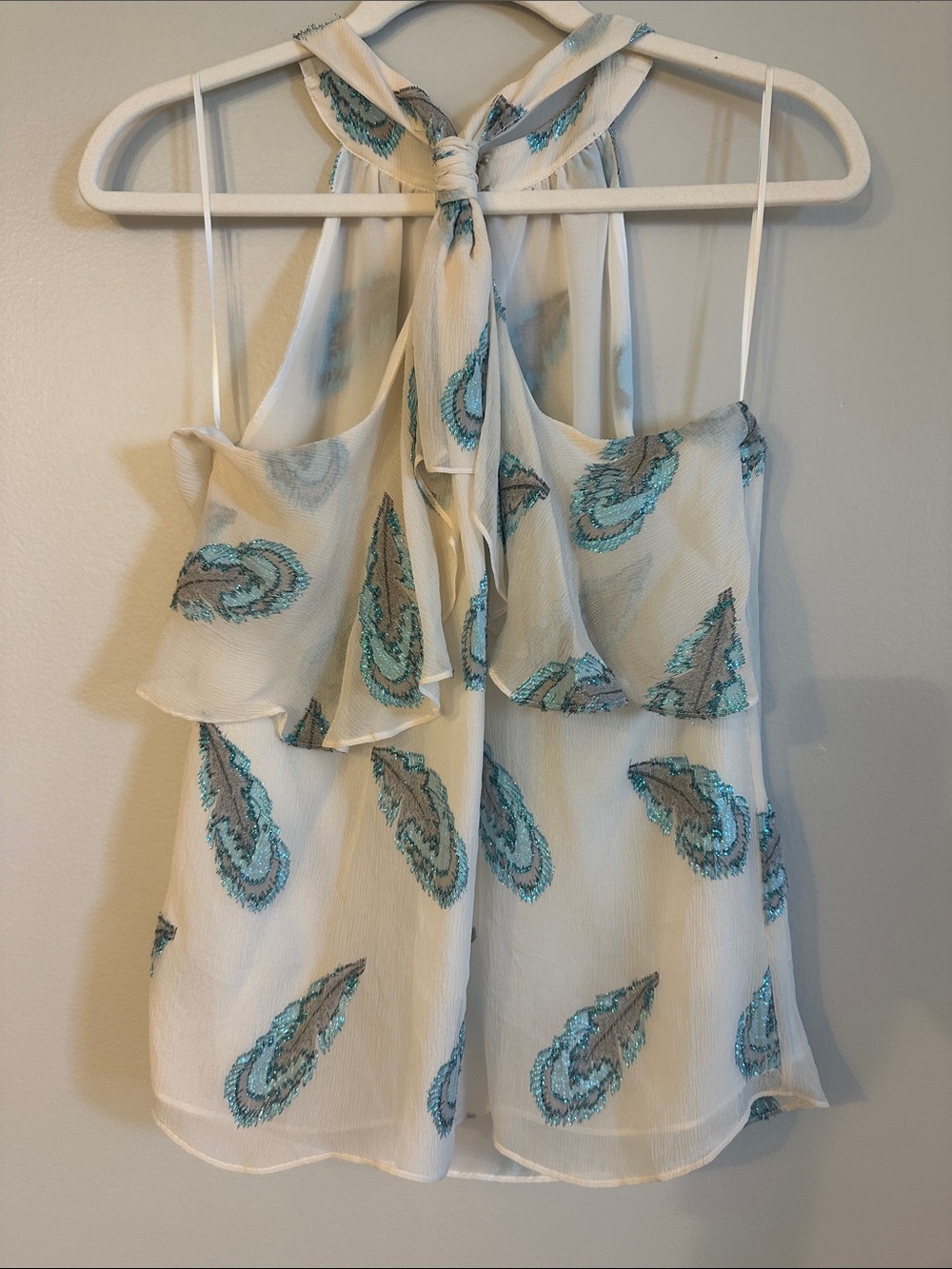 Ramy Brook White Paisley Tie-Neck Camisole with Teal Embroidery NWTO